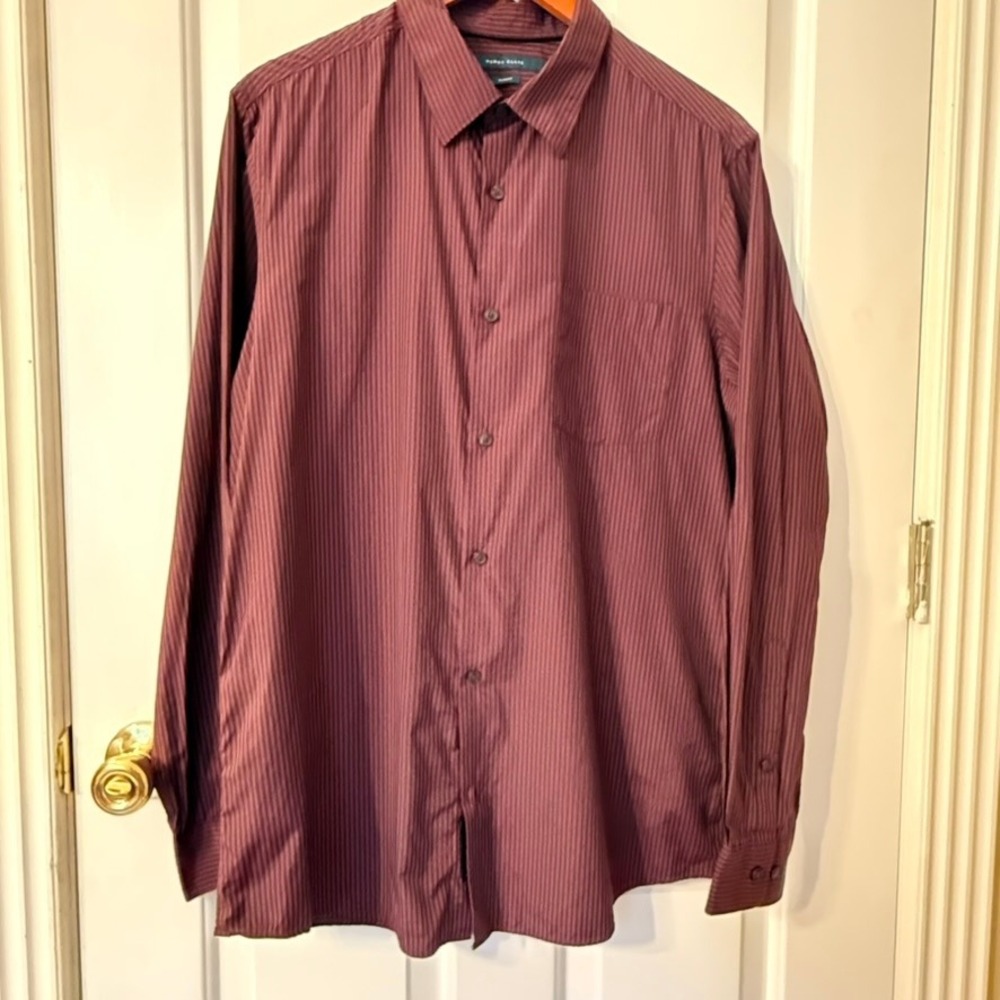 Perry Ellis Button Down Shirt Mens L Burgundy Good Slim Fit Striped Long Sleeve